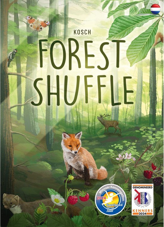 Doos van het spel Forest Shuffle met Nederlandse en Kennerspelen onderscheidingen, illustratie van een vos.