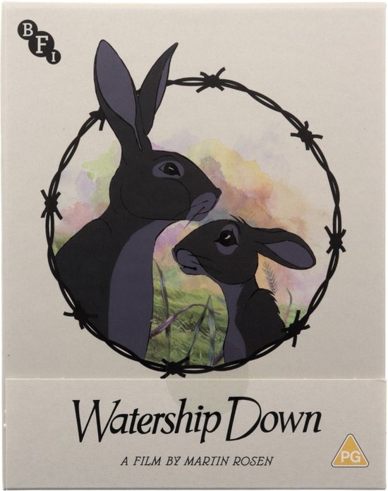 Watership Down Blu-ray cover met illustratie van twee konijnen achter prikkeldraad.