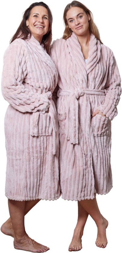 Badjas rib - badjas geribbelde teddy stof – Badjas Dames – Badjas Heren – Sjaalkraag – fleece - fluweelzacht – extreme luxe - Blush roze - L/XL