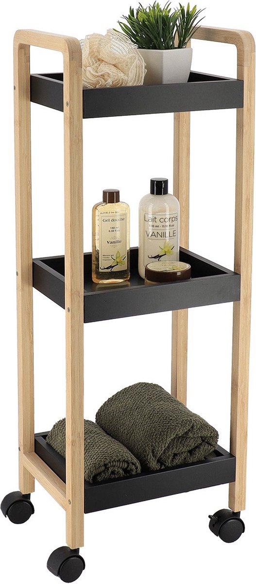 Tendance Keuken/badkamer trolley 3 laags - 29 x 21 x 79 cm - zwart - bamboe hout - met wielen - opberg mandjes/bakjes