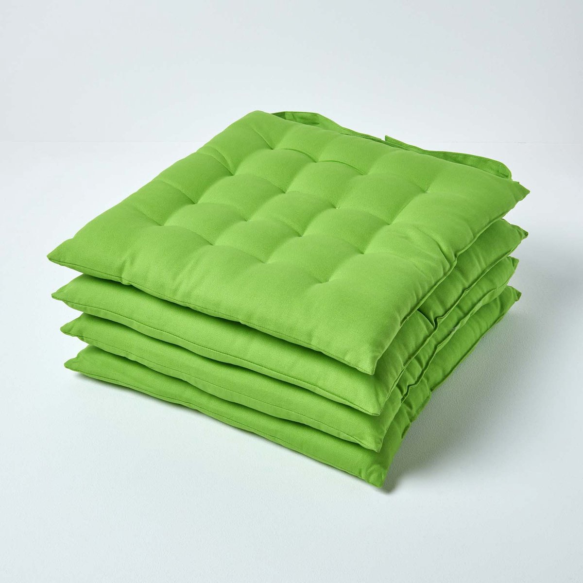 Homescapes stoelkussens – set van 4 zitkussens – katoen – 40x40 cm – limoengroen – met lint – voor eetkamer & buitengebruik