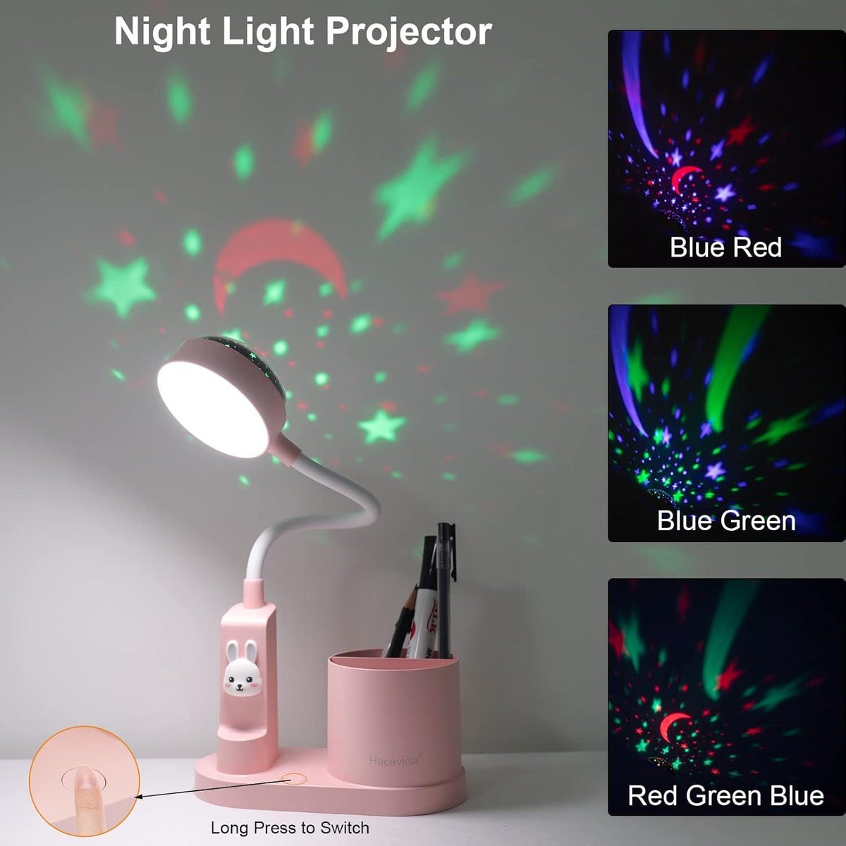 Mrs. Jones Led-bureaulamp voor kinderen tafellamp oplaadbare batterij 2000 mAh met penhouder en sterprojectie draadloze led-bureaulamp voor studio werk met dimfunctie slittepje LED-verlichting . — cadeau in Wonen & Interieur - foto 2
