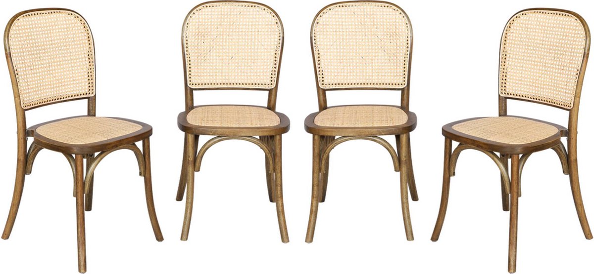 sweeek Set van 4 vintage houten stoelen met zitting en rugleuning van rotan - montparnasse Verouderd bruin