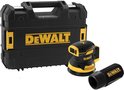 DeWalt excenterschuurmachine, zwarte TSTAK koffer en stofzak, met gele details.