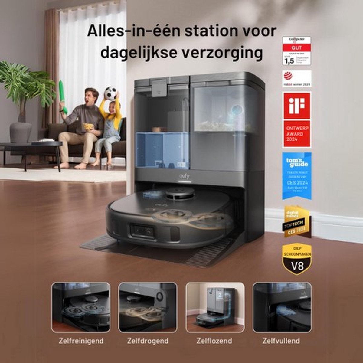Afbeelding 2 van eufy Clean X10 Pro Omni Robotstofzuiger met dweil - Robot Vacuum 8000 Pa zuigkracht, tapijt detectie AI-obstakel vermijding, wast en droogt de dweil, automatisch legen en vullen