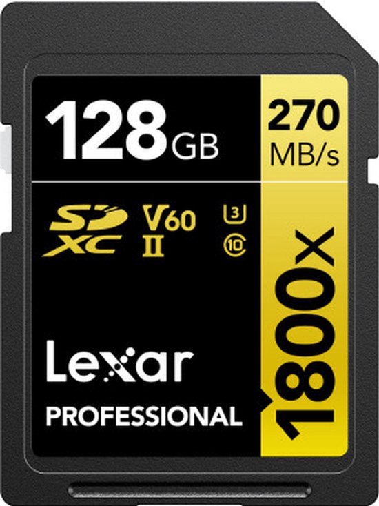 Lexar SD Pro Gold Series UHS-II 1800x 128GB - Lezen 270MB/s - Schrijven 180MB/s - V60