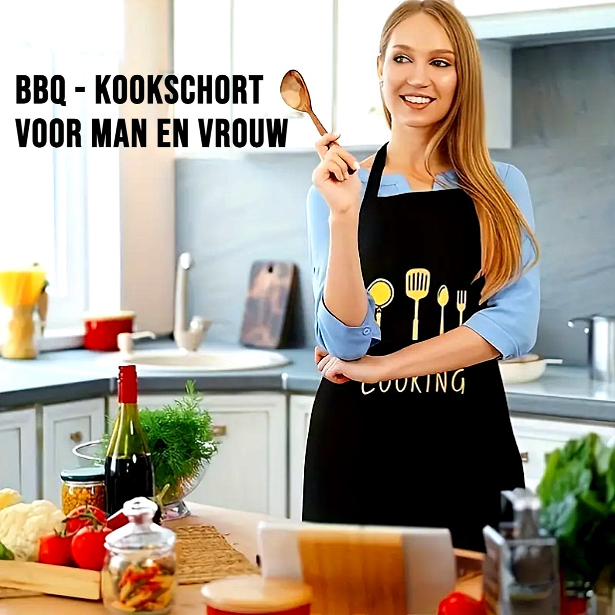 Allernieuwste.nl® Cooking Keukenschort BBQ Kook Schort voor Volwassene Waterdicht Oliebestendig Barbecue 98cm Zwart %%