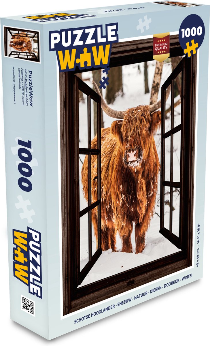Puzzel Schotse Hooglander - Sneeuw - Natuur - Dieren - Doorkijk - Winter - Legpuzzel - Puzzel 1000 stukjes volwassenen