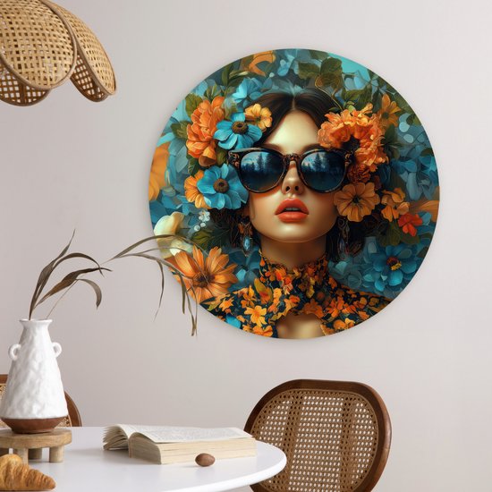 WallCircle® Wandcirkel 60x60 cm - Muurcirkel Vrouw - Bloemen - Oranje - Blauw - Modern - Muurdecoratie woonkamer - Wanddecoratie slaapkamer - Kamer decoratie accessoires - Ronde schilderijen
