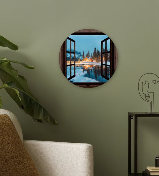 WallCircle® Wandcirkel 30x30 cm - Muurcirkel Doorkijk - Winter - Landschap - Natuur - Huis - Bergen - Muurdecoratie woonkamer - Wanddecoratie slaapkamer - Kamer decoratie accessoires - Ronde schilderijen