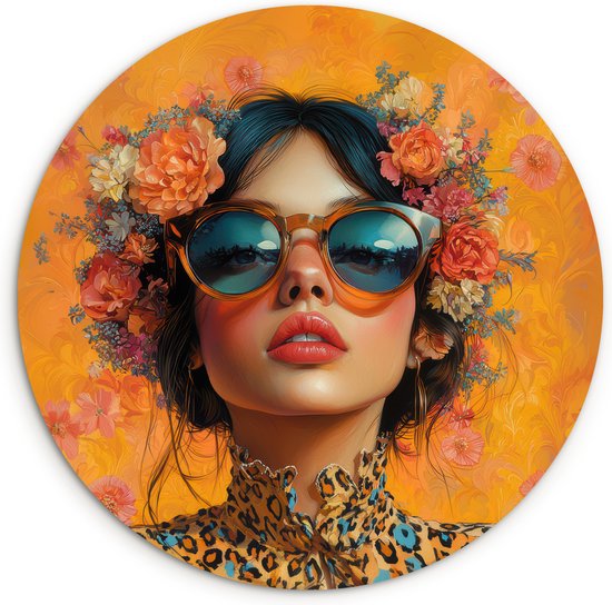 WallCircle - Cercle mural 60x60 - Femme - Fleurs - Esthétique - Oranje - Tableaux ronds salon - Plaque murale ronde - Cercle de Décoration murale - Décoration de chambre à l'intérieur - Cercle mural de Décoration murale - Accessoires de maison
