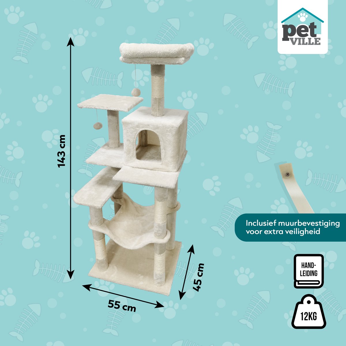 Krabpaal voor Katten met Kattenmand & Kattenspeelgoed XXL - 5 Niveaus - Hangmat - Sisal Touw - 55 x 45 x 143 cm - Incl Muurbevestiging - Krabmat - Kattenhuis - Kattenbed - Kattenpaal - Kattentoren - Kattenspeeltjes - Kattenboom - Beige - PetVille – foto 3