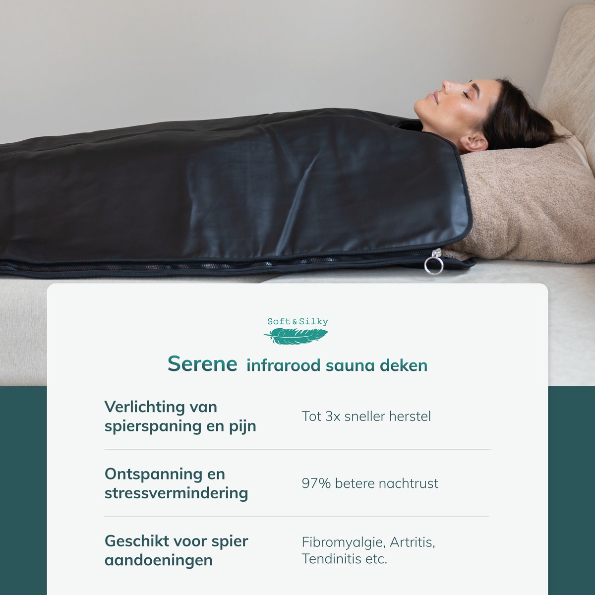 Afbeelding 2 van Infrarood sauna deken - Tot 85º - Incl. Detox deken - Rood licht therapie - Red Light Therapy - Lamp - Warmte - Elektrische - Deken - Voor spieren, fibromyalgie en gewrichten - Leer zwart - Soft & Silky