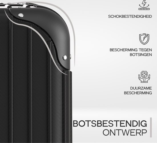 Close-up van de hoek van een zwarte koffer met bescherming. Tekst over schokbestendigheid en botsbescherming.