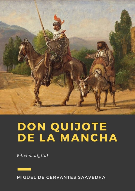 Don Quichot te paard, met Sancho Panza op een ezel, op een stoffige weg.