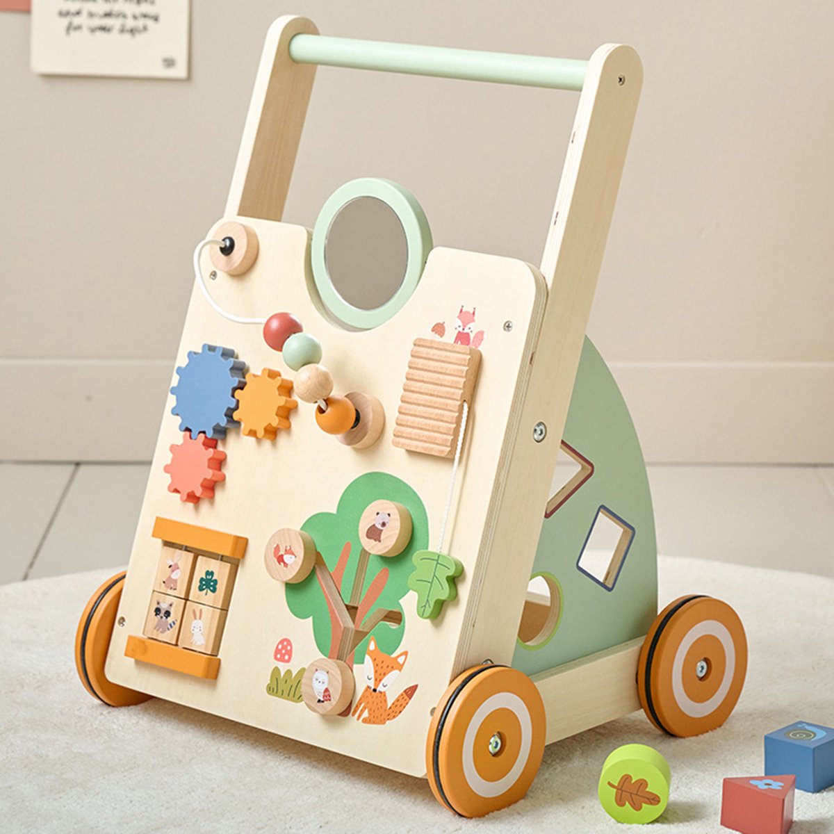 Petite Amélie Activiteiten Loopwagen Forêt – Stimuleert motorische ontwikkeling & hand-oogcoördinatie – Babywalker met rubberen wielen – Waterbasis verf