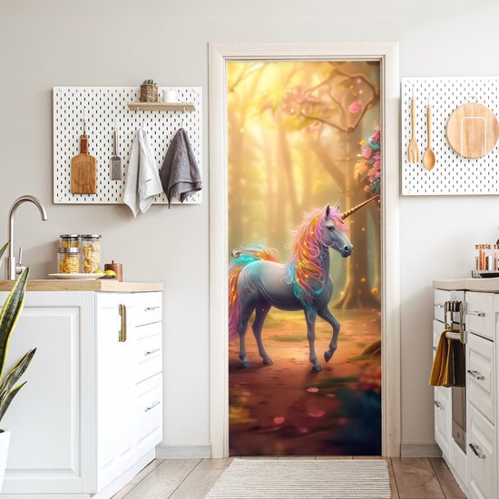 Affiche de porte 85x205 cm - Sticker porte Licorne - Forêt - Coloré - Fleurs - Meiden - Film meuble autocollant - Film porte chambre ado - Film intérieur chambre enfant - Film adhésif porte - Sticker papier peint porte - Décoration chambre ados
