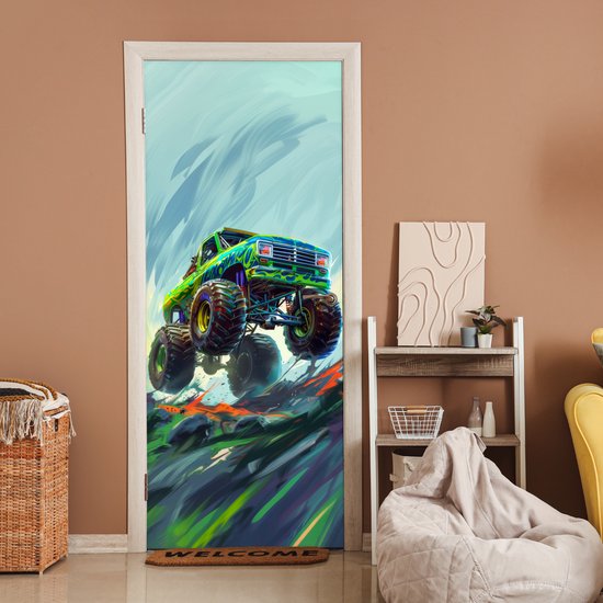Poster porte 85x205 cm - Sticker porte Monster truck - Voiture - Garçons - Vert - Film meuble autocollant - Film porte chambre ado - Film intérieur chambre enfant - Film adhésif porte - Sticker papier peint porte - Décoration chambre ado