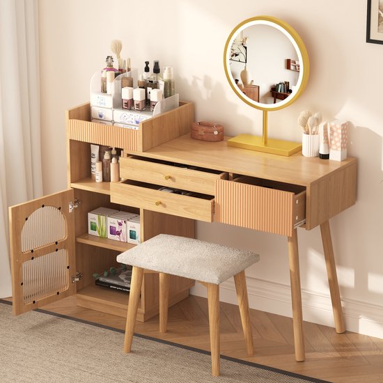 Yaheetech Make-uptafel met verlichting en spiegel, 10 led-lichtballen, 3 instelbare kleuren en 9 lichtmodi, kaptafel met 1 lade, 4 bovenste planken, make-uptafel voor slaapkamer, zwart