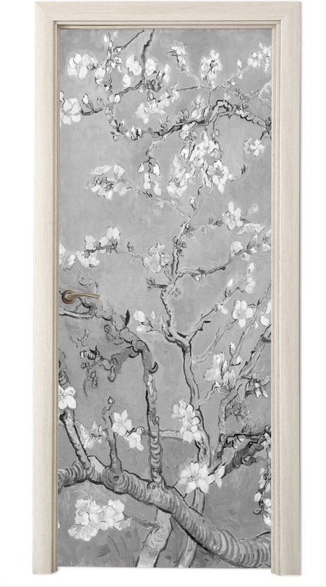 Deurposter 90x205 cm - Deursticker Amandelbloesem - Kunst - Van Gogh - Grijs - Meubelfolie zelfklevend - Deurfolie woonkamer - Interieurfolie fotobehang - Deur plakfolie - Deurstickers - Deurbehang sticker - Kamer decoratie