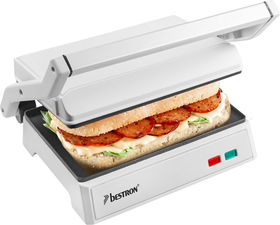 Bestron elektrische tosti apparaat met opvangbak, Contactgrill met Cool-Touch-handgreep & 180° opening, panini grill met antiaanbaklaag, instapmodel, kleur: Wit