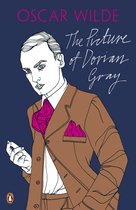 Boekomslag van 'The Picture of Dorian Gray' door Oscar Wilde, met een illustratie van een man in een bruin pak met roze pochet.