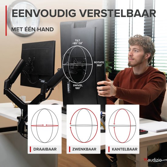 Man met bruin shirt verstelt een monitor met de Audizio monitorarm. Tekst: Eenvoudig verstelbaar met één hand.