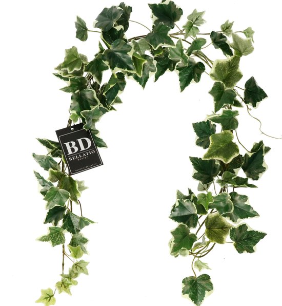 Bellatio Design kunstplant/hangplant slinger - Klimop/hedera - groen/wit - 180 cm - lang - planten guirlandes