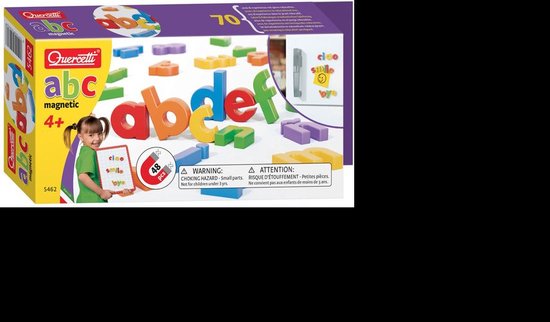 Verpakking van magnetische kleine letters abc, 48 stuks, met een meisje dat een bord vasthoudt.