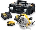 DeWalt cirkelzaag, batterij, oplader en koffer in zwart en geel.