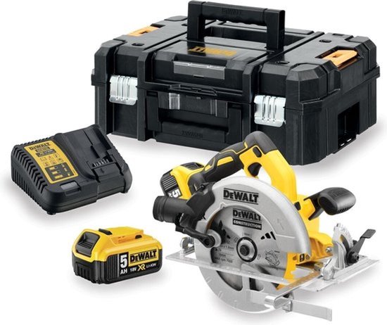 DeWalt cirkelzaag, batterij, oplader en koffer in zwart en geel.