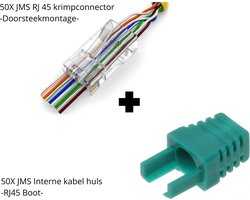 50x JMS RJ45 EZ Type Krimp Connector Met Doorsteekmontage Voor CAT5, CAT5e en CAT6 UTP Netwerkkabel PLUS 50x JMS Interne Kabel Huls - RJ45 Boot - Cable Boot - Tule Voor RJ45 Connector Groen