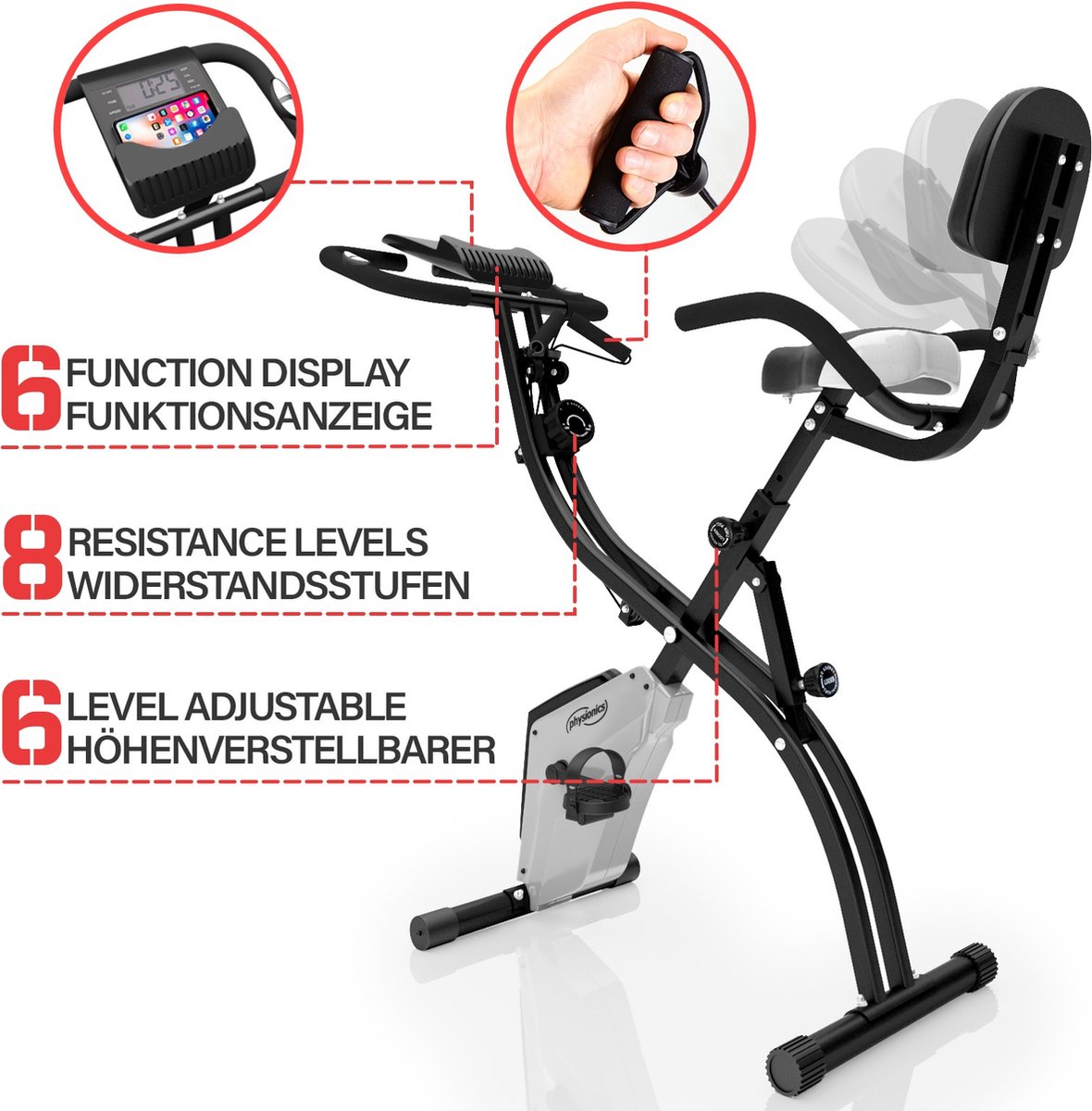 Vélo d'exercice - Affichage/écran LCD - Siège réglable & Résistance  réglable - Capteurs de pouls manuel / de fréquence cardiaque - Ergomètre