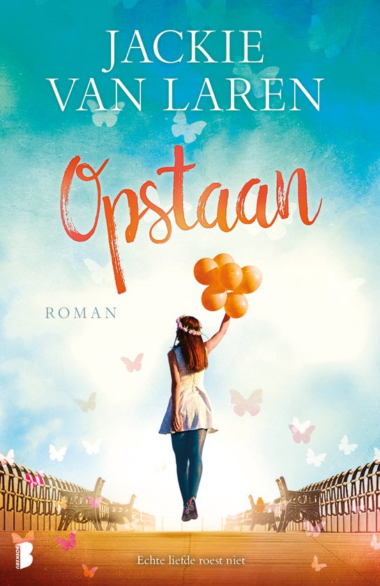 Jong meisje met bloemenkrans en oranje ballonnen, omringd door vlinders. Tekst: Jackie van Laren Opstaan.