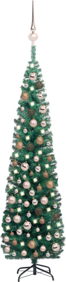 Prolenta Premium - Kunstkerstboom met LED's en kerstballen smal 210 cm groen