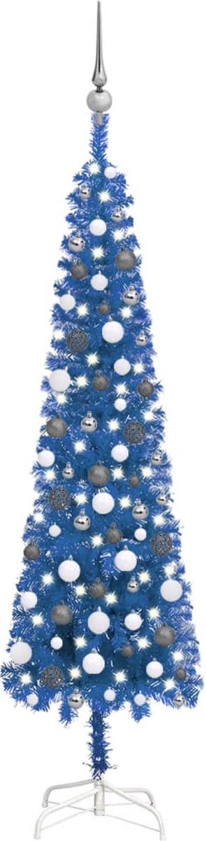 Prolenta Premium - Kerstboom met LED's en kerstballen smal 180 cm blauw