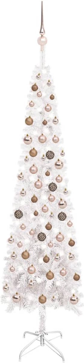 Prolenta Premium - Kerstboom met LED's en kerstballen smal 210 cm wit