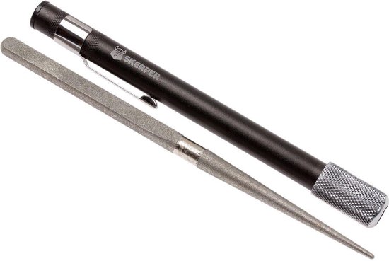 Zwarte Skerper slijp-pen met metalen clip en geribbelde grip, naast een uitneembare diamanten slijpstaaf.