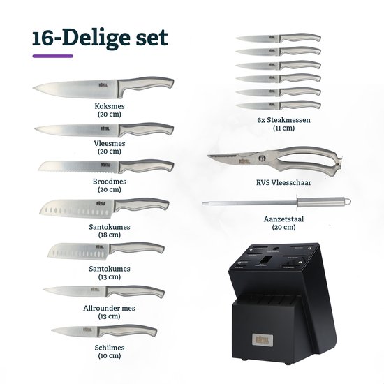 Overzicht van de 16-delige Royal Kitchen Goods messenset: diverse messen, schaar, aanzetstaal en messenblok.