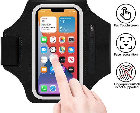 Zwarte sportarmband met iPhone en icoontjes die wijzen op touchscreen, gezichtsherkenning en geen vingerafdruk.