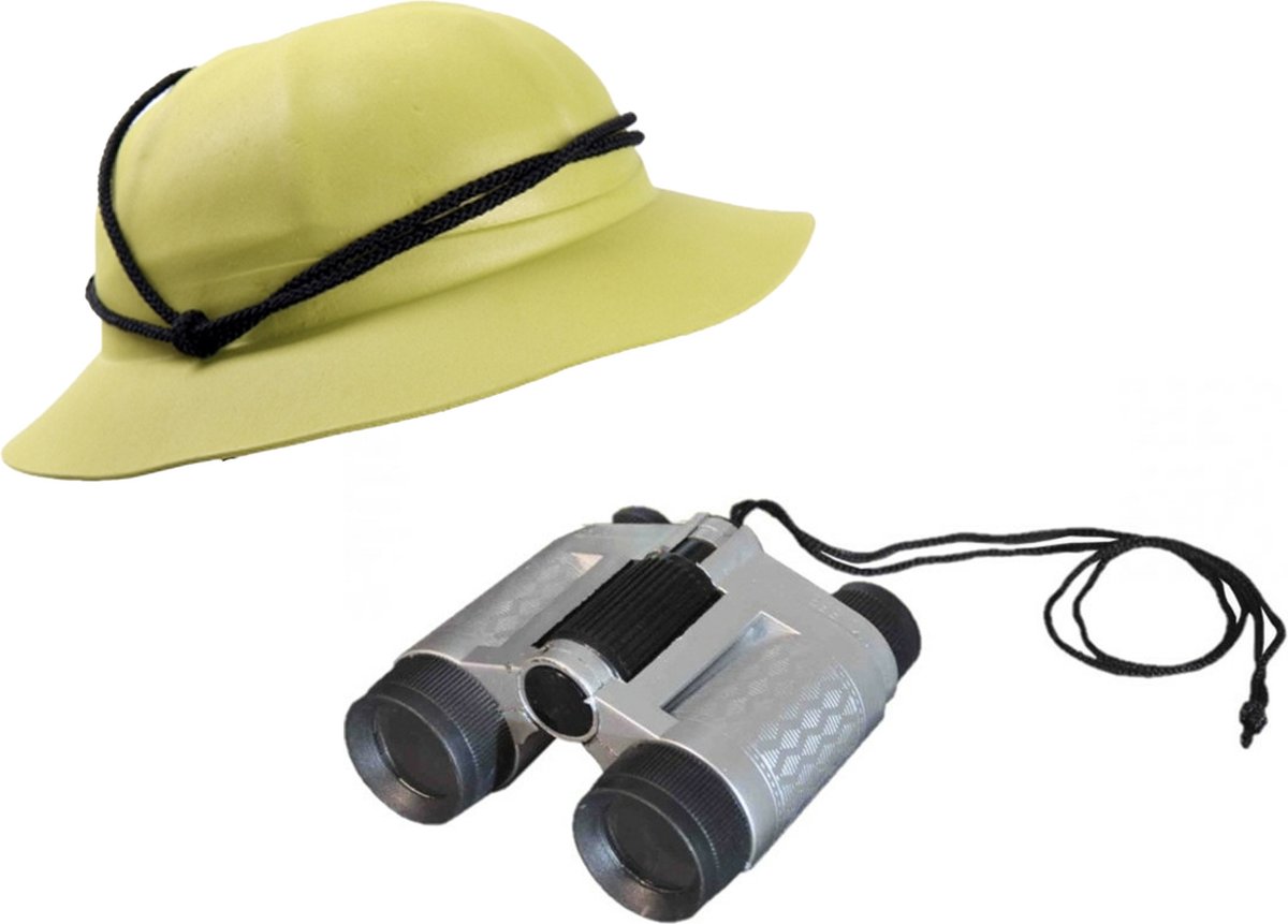 Carnaval / verkleed set - safari jungle helm - voor kinderen - met plastic Explorer verrekijker set