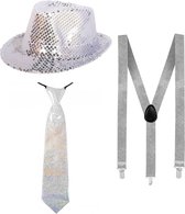 Toppers in concert - Folat Verkleedkleding set hoed/stropdas/bretels zilver glitter volwassenen