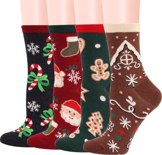 4 paires de Chaussettes de Noël | Cookie house, bonhomme en pain d'épice, canne en bonbon et Père Noël | Femmes/ Filles 35/39