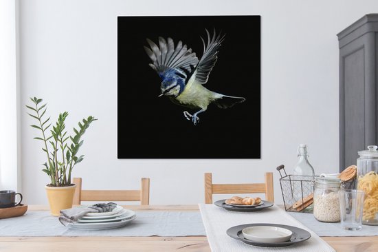 Canvas schilderij 90x90 cm - Wanddecoratie Pimpelmees - Vogel - Zwart - Muurdecoratie woonkamer - Slaapkamer decoratie - Kamer accessoires - Schilderijen op canvas