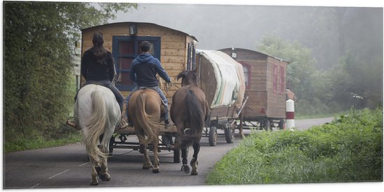 WallClassics - Vlag - Ouderwetse Caravan met Paard en Wagen - 100x50 cm Foto op Polyester Vlag