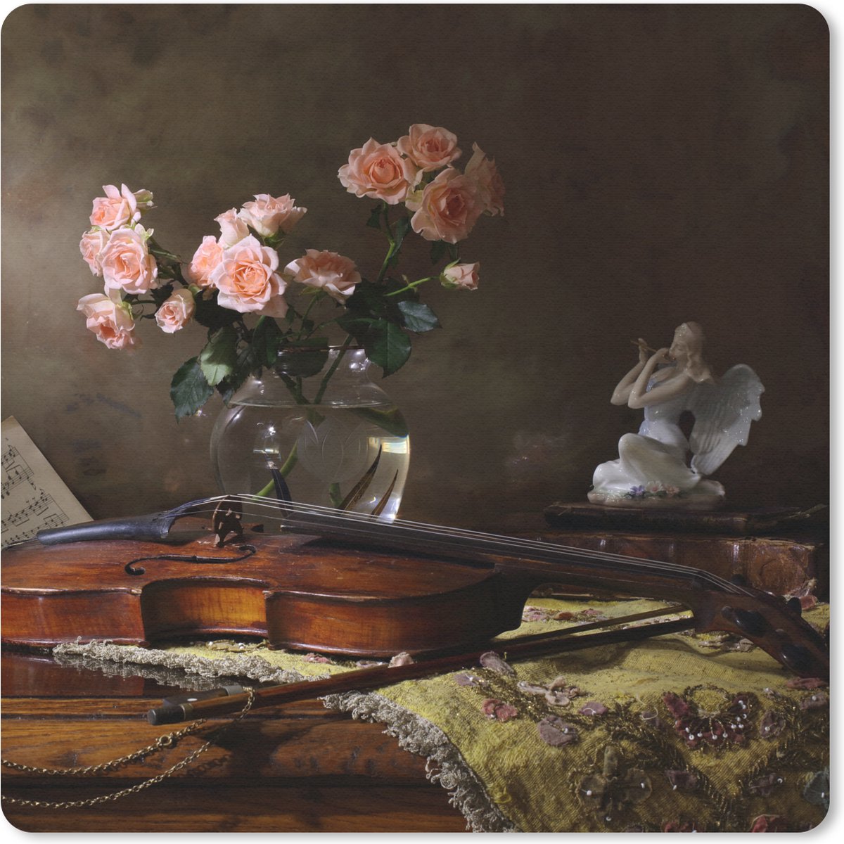 Muismat 30x30 cm - Mousepad Viool - Stilleven - Bloemen - Muismatten