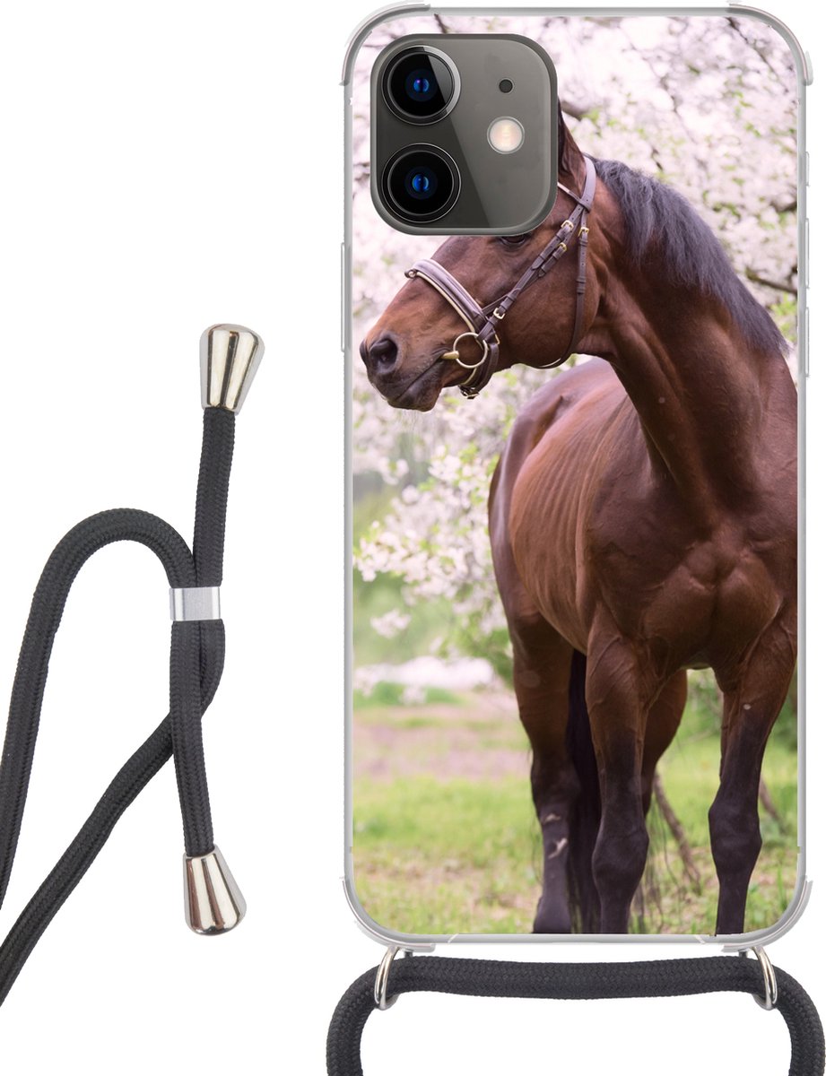 Telefoonhoesje Geschikt voor iPhone 12 Mini - Paard - Sakura - Halster - Siliconen - Crossbody - Backcover met Koord - Telefoonhoesje met koord - Hoesje met touw Telefoonhoesje