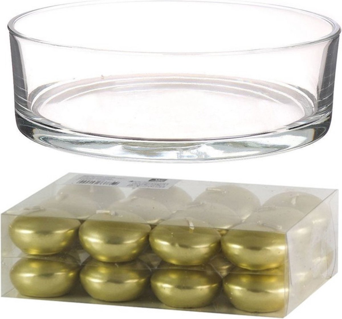 Trend Candles Cadeau set/Sfeer set van een lage luxe transparante vaas 8 x 25 cm met 24x gouden drijfkaarsen 4.5 cm Goudkleurig