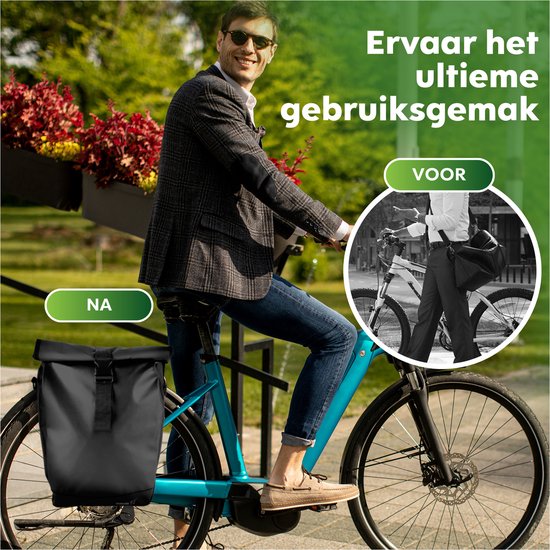 Man op blauwe fiets met zwarte fietstas met rolsluiting. "Na" links, "Voor" rechts.