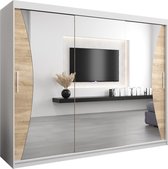 InspireMe - Kledingkast met 3 schuifdeuren, Modern-stijl, Kledingkast met planken (BxHxD): 250x200x62 - MEGRA 250 Wit Mat + Sonoma Eik